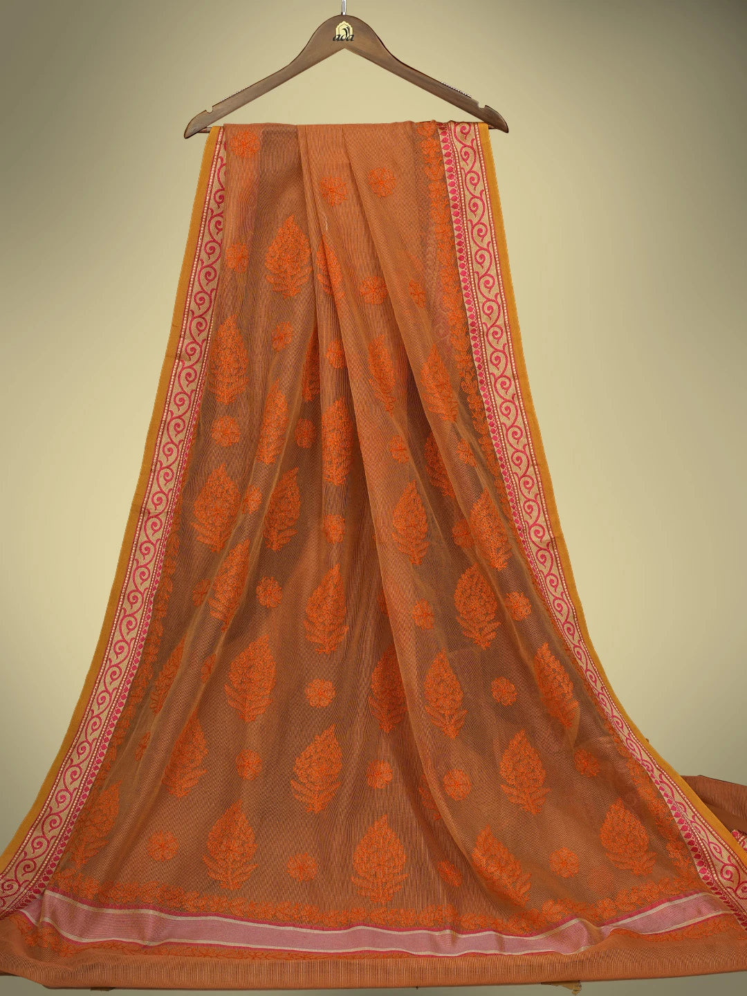 Ada Hand Embroidered Rust Chanderi Lucknowi Chikankari Saree and Blouse 01A377785