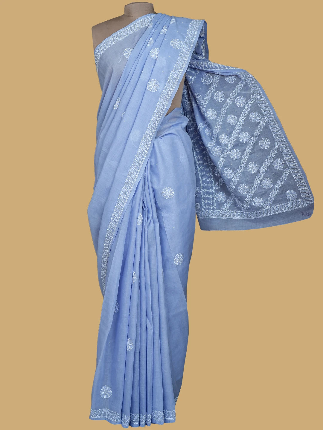 Ada Hand Embroidered Carolina Blue Cotton Lucknowi Chikankari Saree With Blouse With Cutdana Work 01A713092