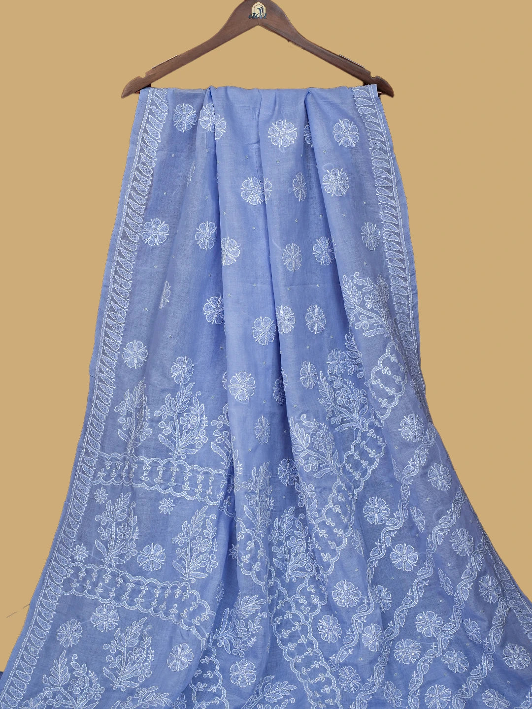 Ada Hand Embroidered Carolina Blue Cotton Lucknowi Chikankari Saree With Blouse With Cutdana Work 01A713092