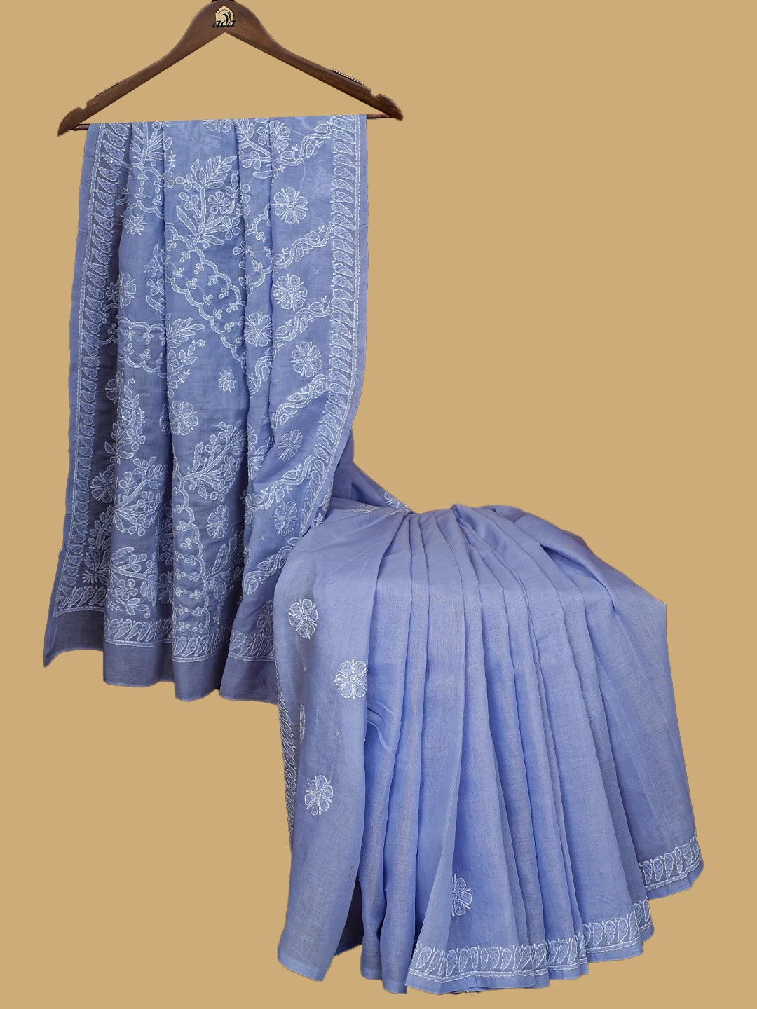Ada Hand Embroidered Carolina Blue Cotton Lucknowi Chikankari Saree With Blouse With Cutdana Work 01A713092