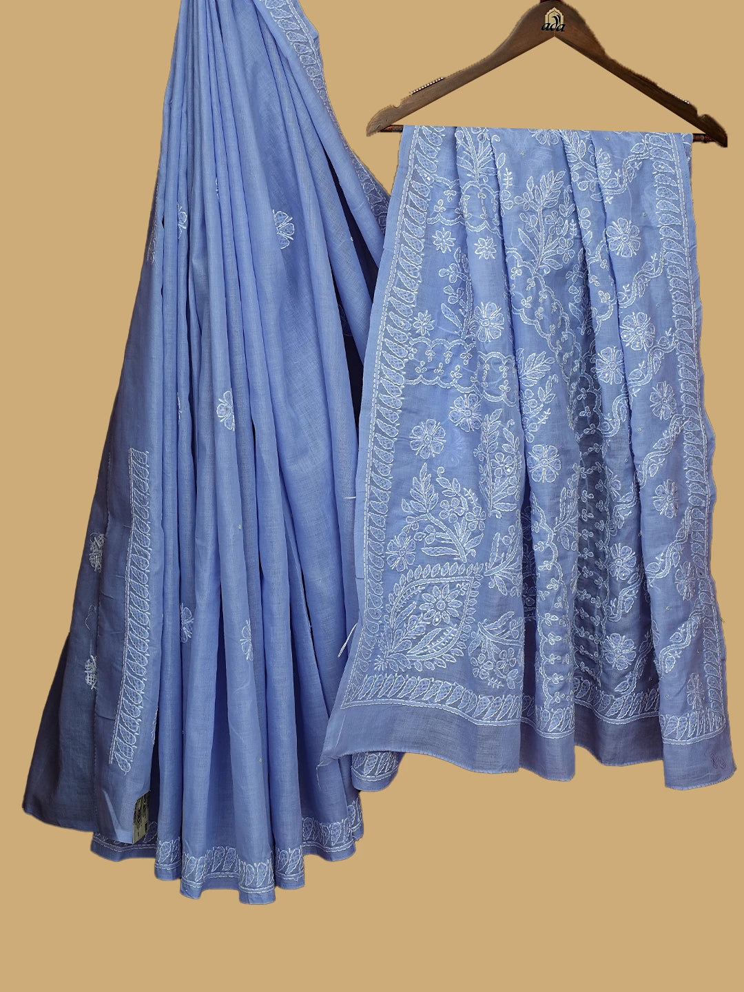 Ada Hand Embroidered Carolina Blue Cotton Lucknowi Chikankari Saree With Blouse With Cutdana Work 01A713092