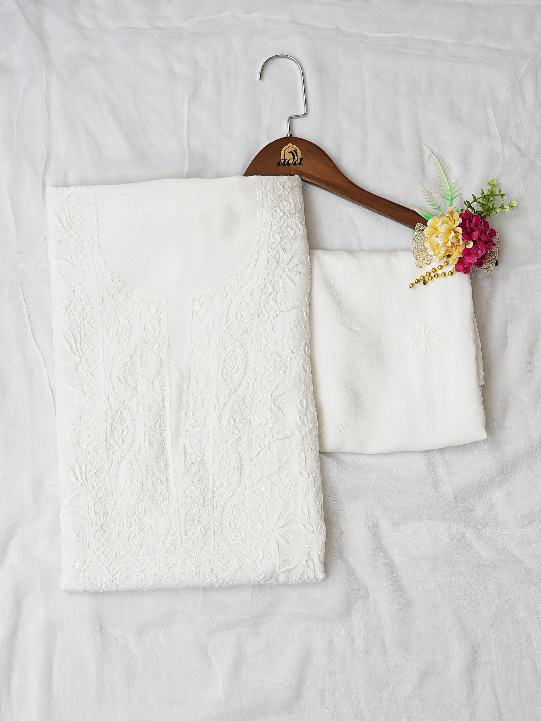 Ada Hand Embroidered White Muslin Lucknowi Chikankari Unstitched Suit Piece 01A576500