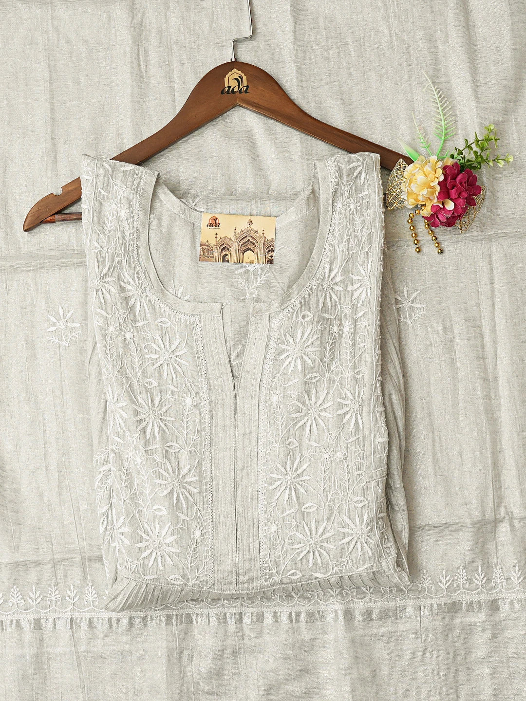 Ada Hand Embroidered French Grey Tissue Lucknowi Chikankari Semi-Stitched Kurta Dupatta Set 01A789128