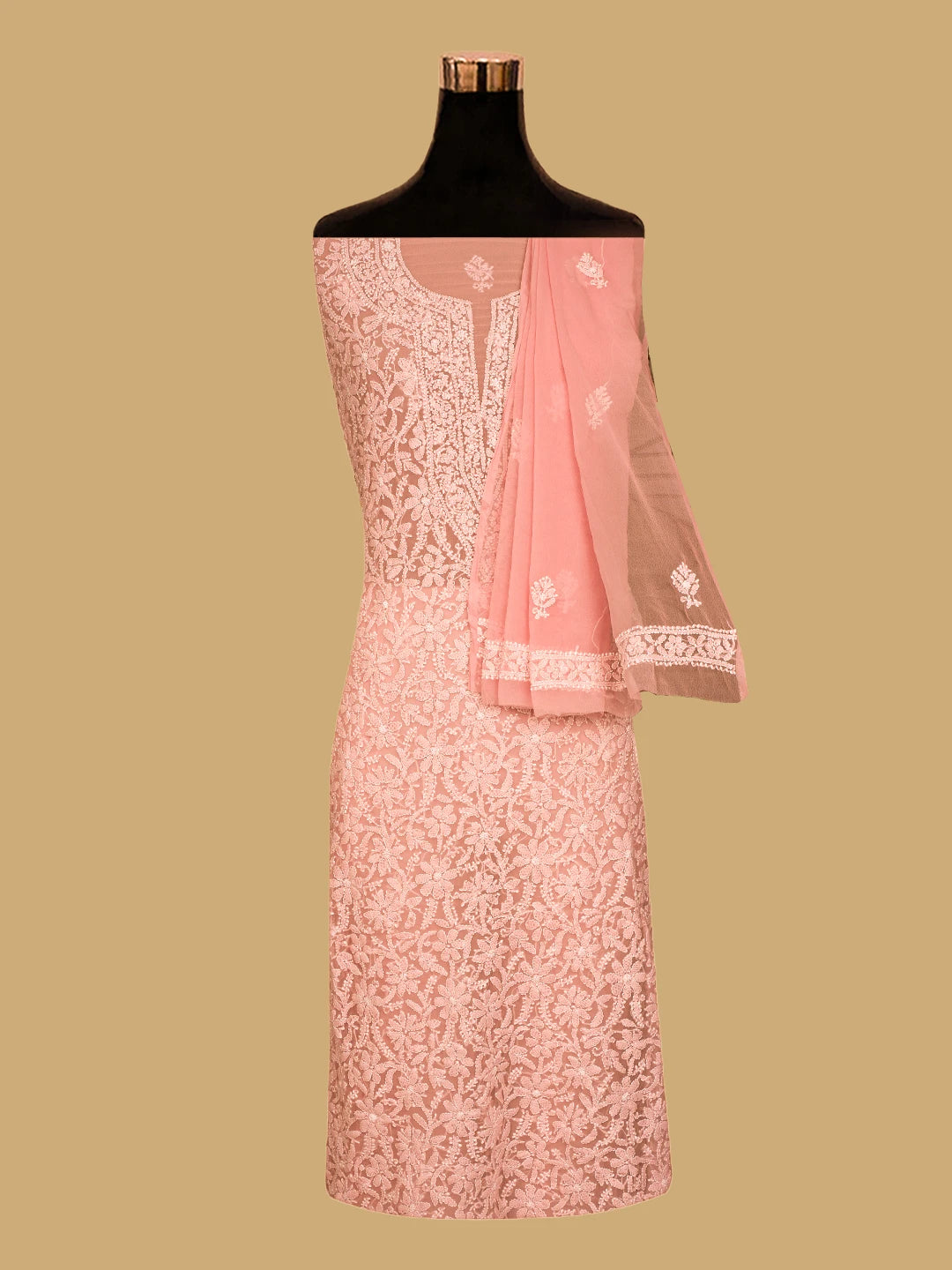 Ada Hand Embroidered Peach Georgette Lucknowi Chikankari Unstitched Suit Piece 01A779054