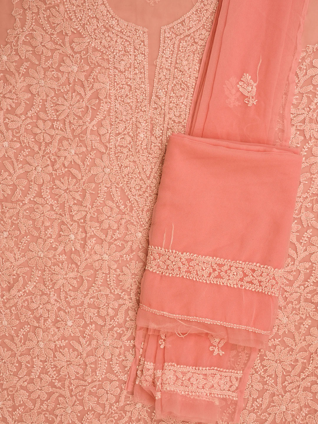 Ada Hand Embroidered Peach Georgette Lucknowi Chikankari Unstitched Suit Piece 01A779054