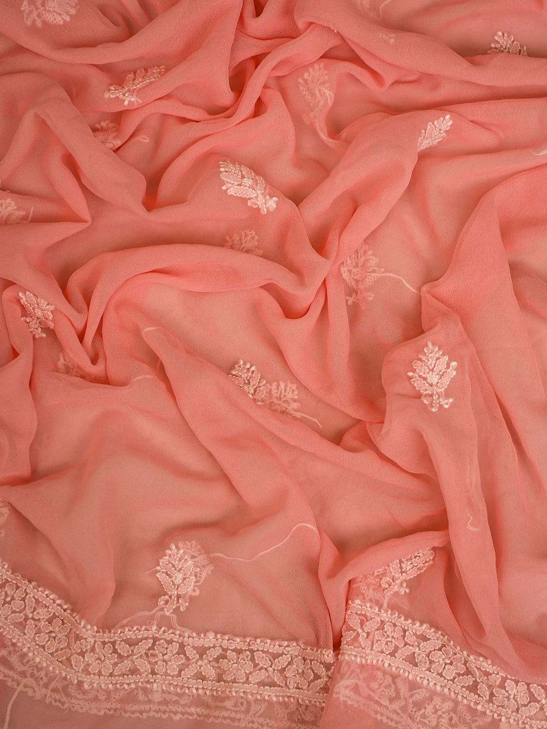 Ada Hand Embroidered Peach Georgette Lucknowi Chikankari Unstitched Suit Piece 01A779054