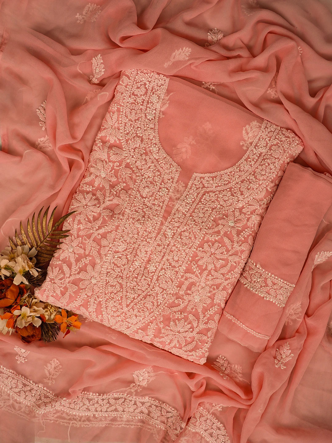 Ada Hand Embroidered Peach Georgette Lucknowi Chikankari Unstitched Suit Piece 01A779054