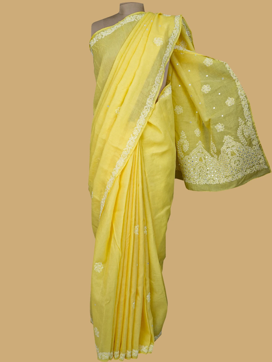 Ada Hand Embroidered Yellow Cotton Lucknowi Chikankari Saree With Blouse With Pearl Work 01A621256