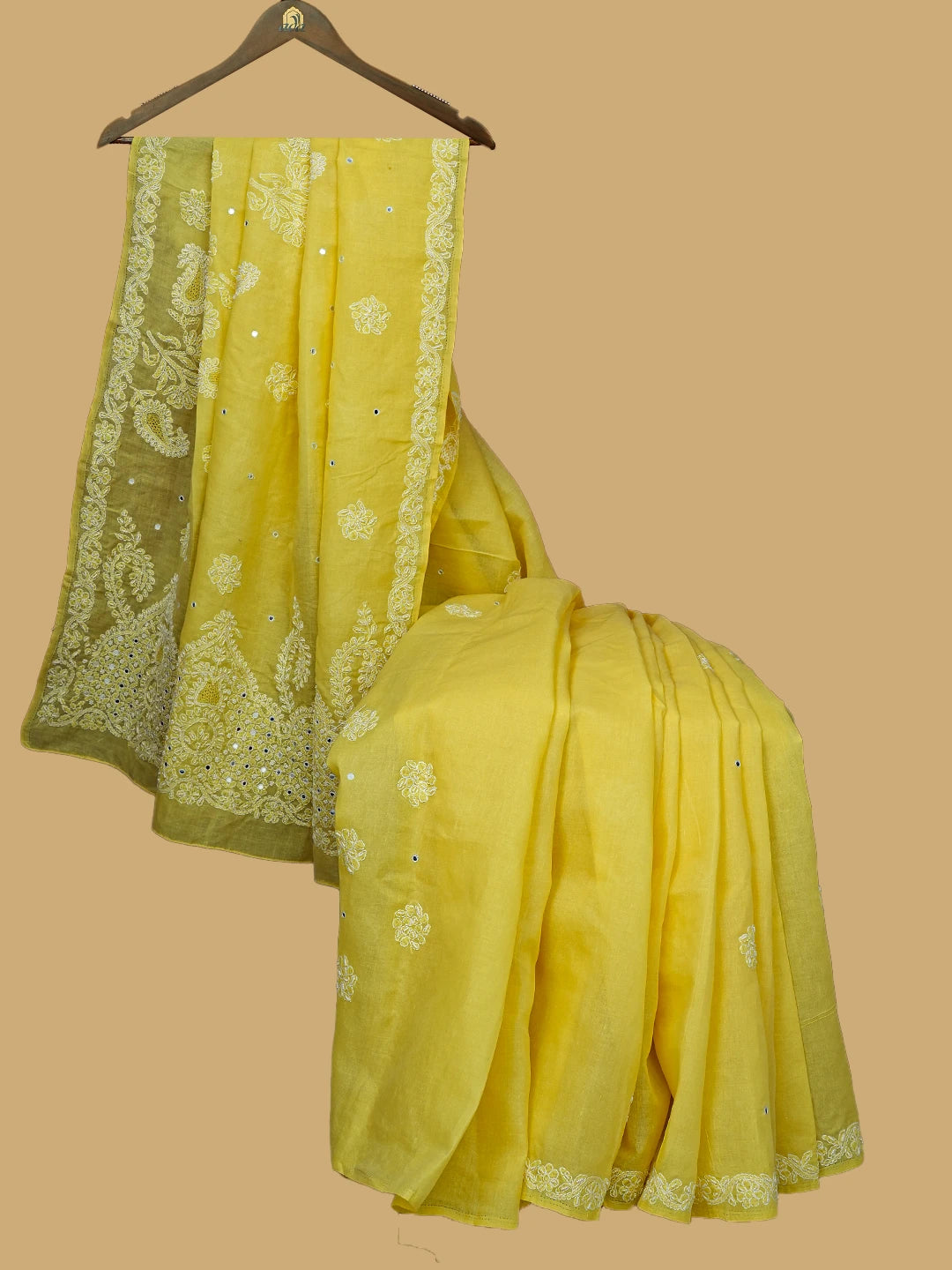 Ada Hand Embroidered Yellow Cotton Lucknowi Chikankari Saree With Blouse With Pearl Work 01A621256