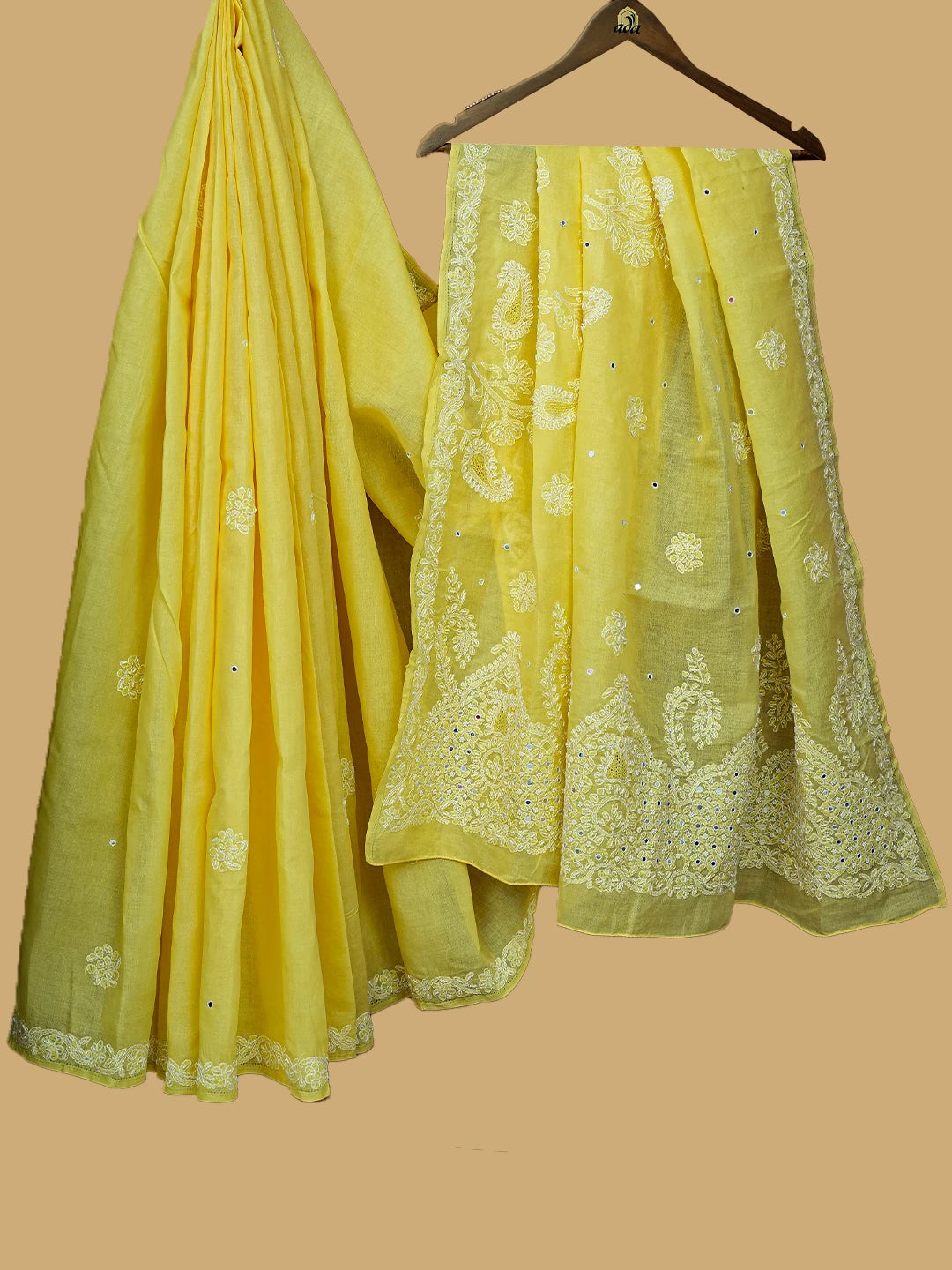 Ada Hand Embroidered Yellow Cotton Lucknowi Chikankari Saree With Blouse With Pearl Work 01A621256