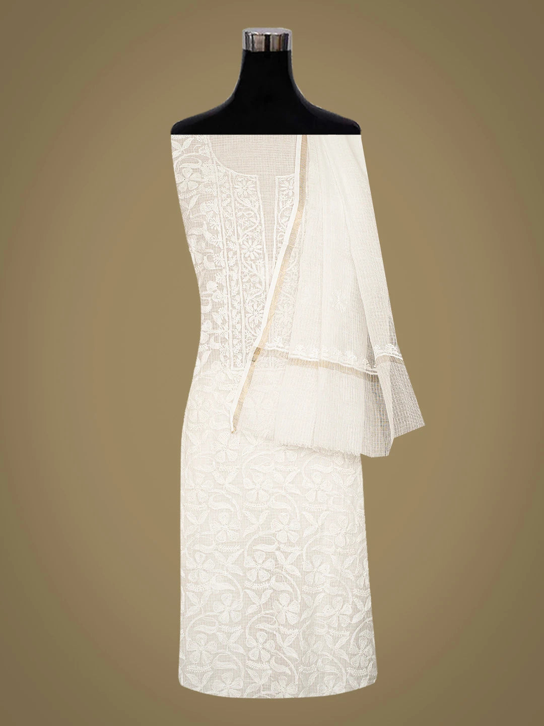 Ada Hand Embroidered White Kota Lucknowi Chikankari Unstitched Kurta Dupatta Set 01A675993