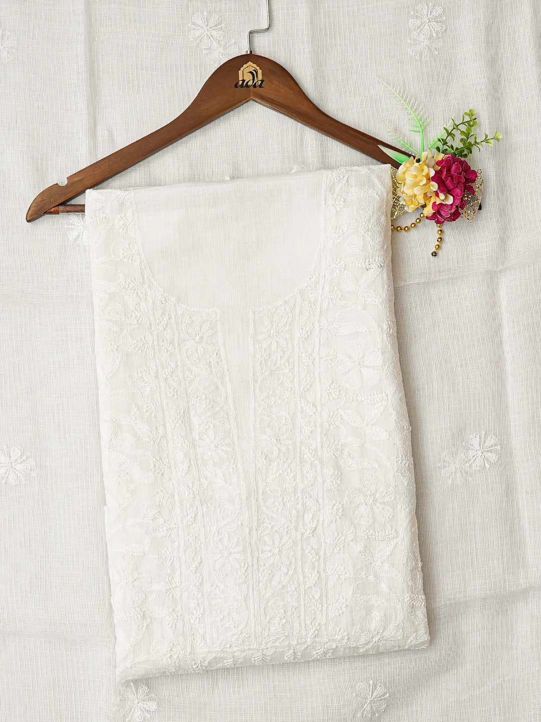 Ada Hand Embroidered White Kota Lucknowi Chikankari Unstitched Kurta Dupatta Set 01A675993