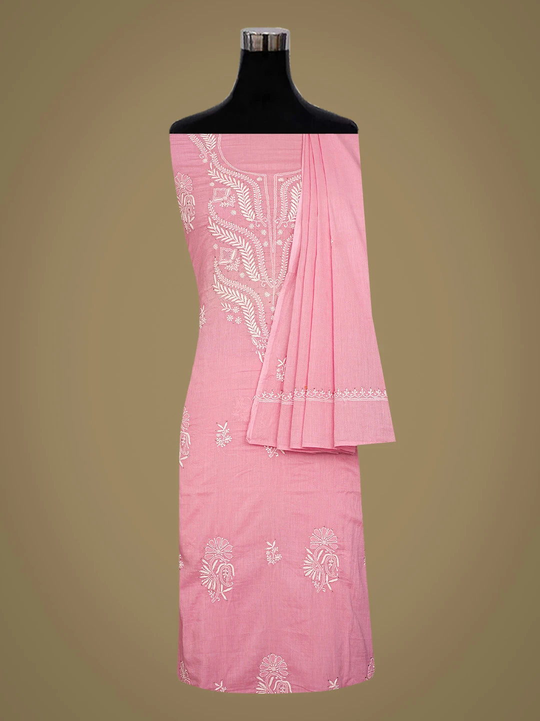 Ada Hand Embroidered Pink Cotton Lucknowi Chikankari Unstitched Kurta Dupatta Set With Mukaish Work 01A760126