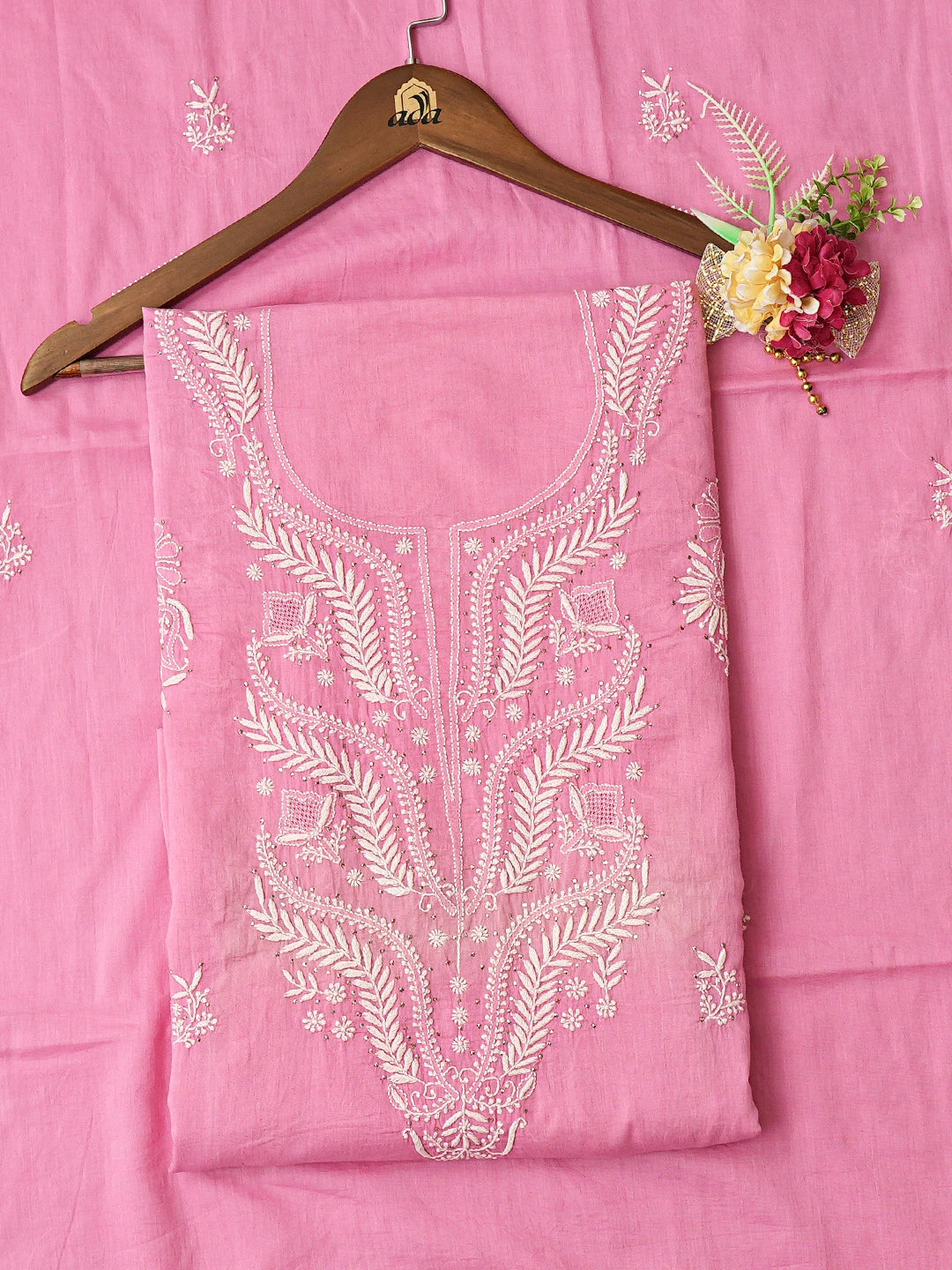 Ada Hand Embroidered Pink Cotton Lucknowi Chikankari Unstitched Kurta Dupatta Set With Mukaish Work 01A760126