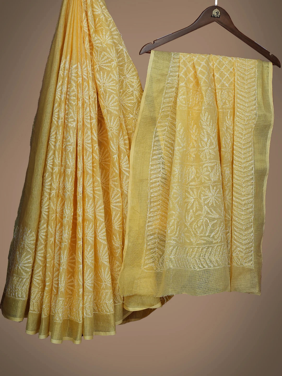 Ada Hand Embroidered Yellow Kota Lucknowi Chikankari Saree and Blouse 01A635983