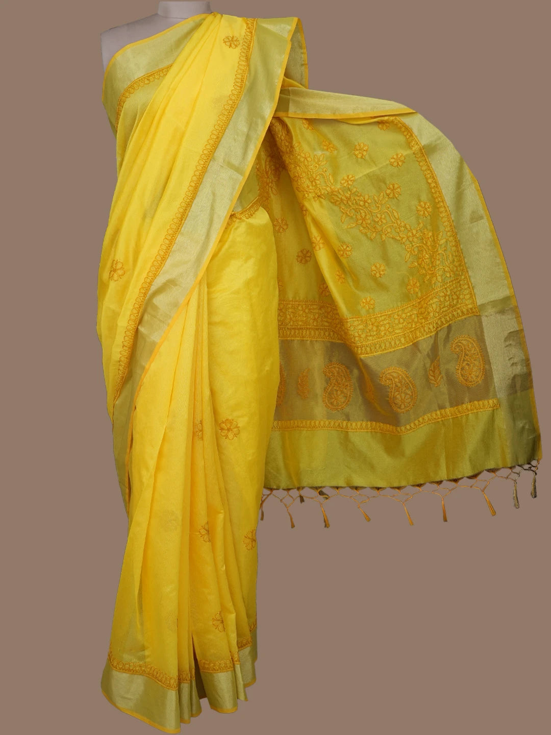 Ada Hand Embroidered Yellow Chanderi Lucknowi Chikankari Saree and Blouse 01A780618