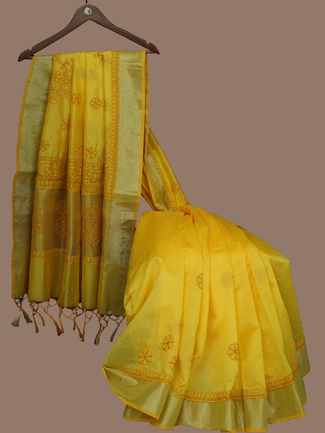Ada Hand Embroidered Yellow Chanderi Lucknowi Chikankari Saree and Blouse 01A780618