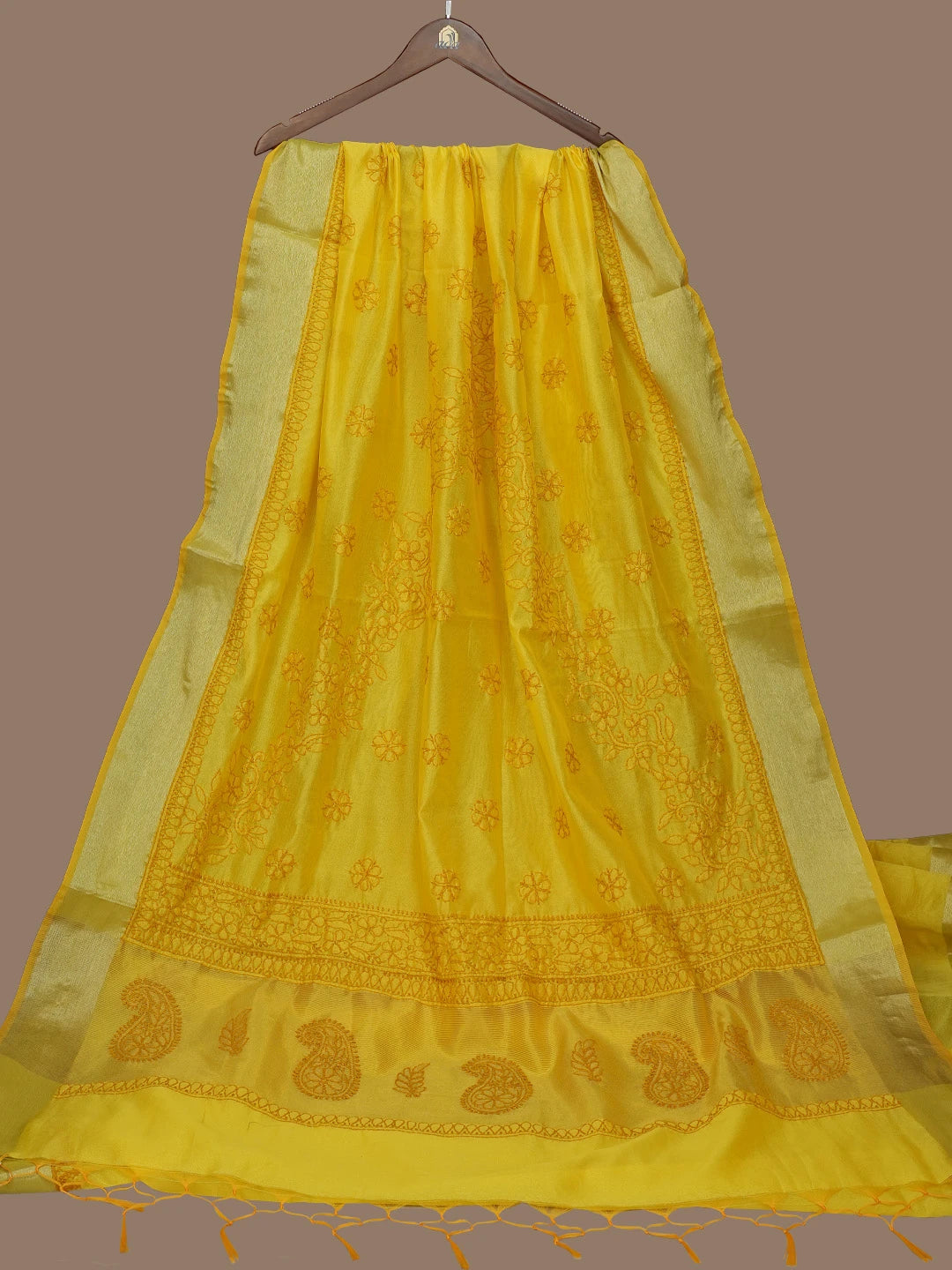 Ada Hand Embroidered Yellow Chanderi Lucknowi Chikankari Saree and Blouse 01A780618