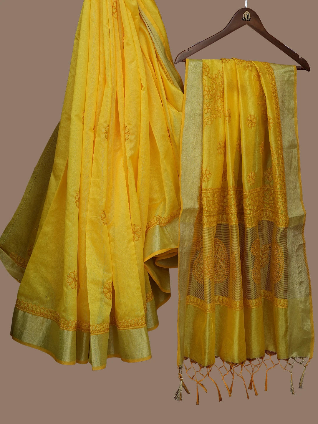 Ada Hand Embroidered Yellow Chanderi Lucknowi Chikankari Saree and Blouse 01A780618