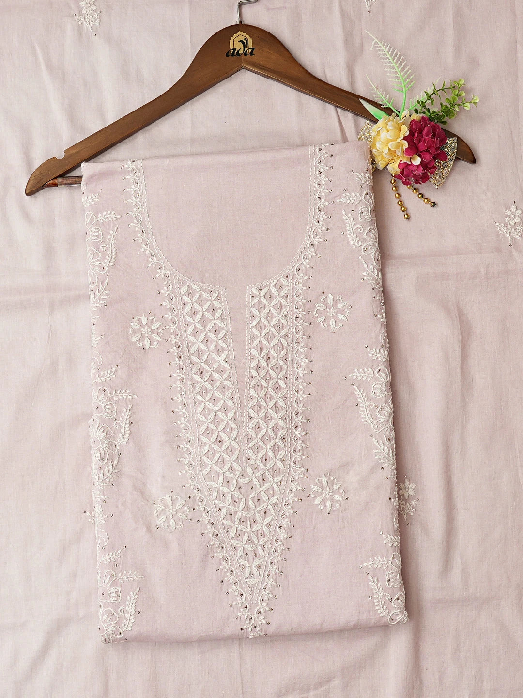 Ada Hand Embroidered Lavender Cotton Lucknowi Chikankari Unstitched Kurta Dupatta Set With Mukaish Work 01A760121