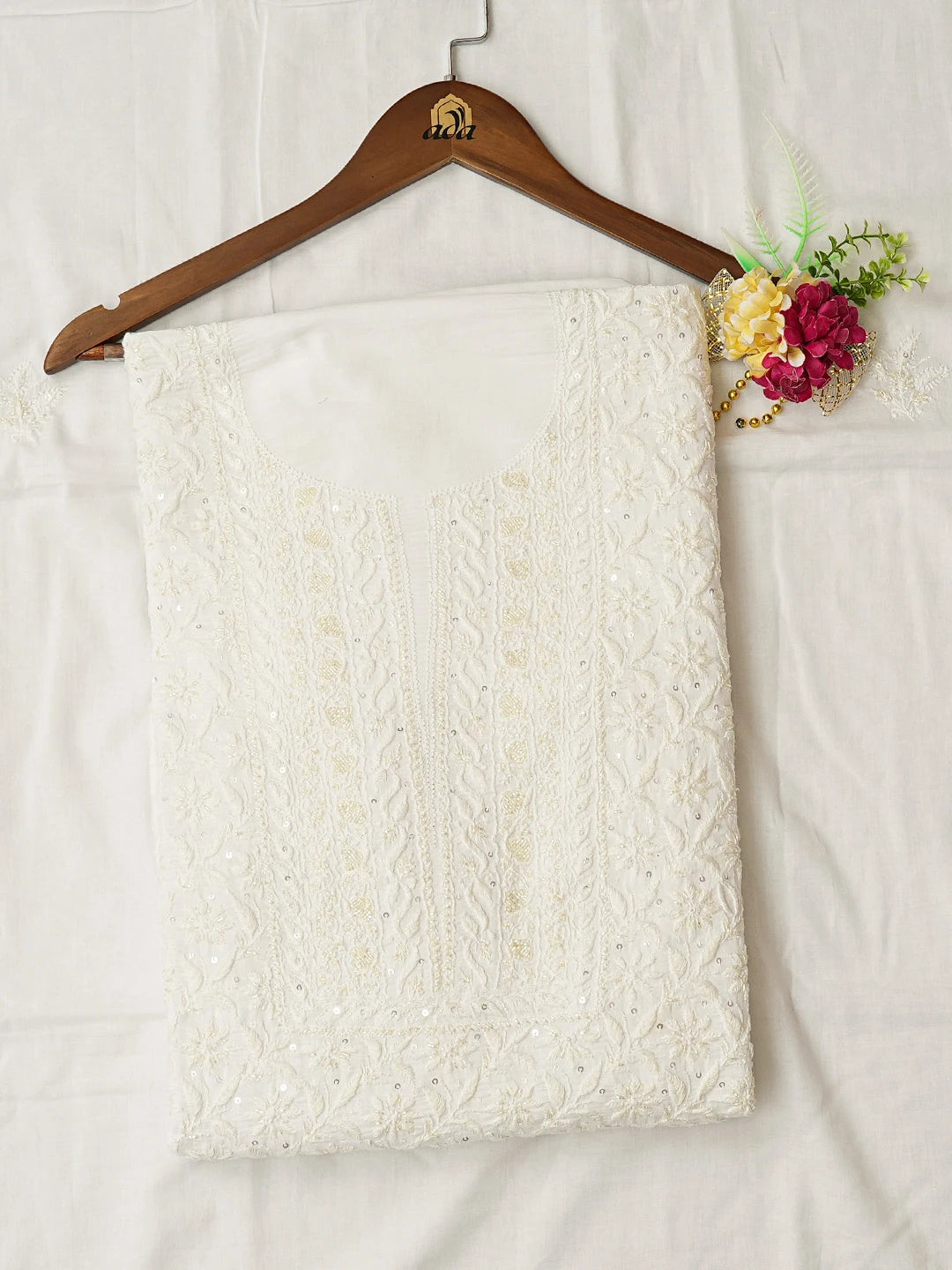 Ada Hand Embroidered White Cotton Lucknowi Chikankari Unstitched Kurta Dupatta Set With Cutdana Work 01A593552