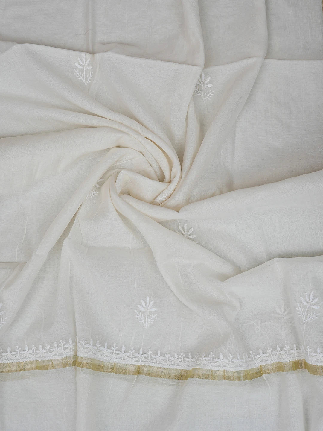 Ada Hand Embroidered White Chanderi Lucknowi Chikankari Unstitched Kurta Dupatta Set 01A795609