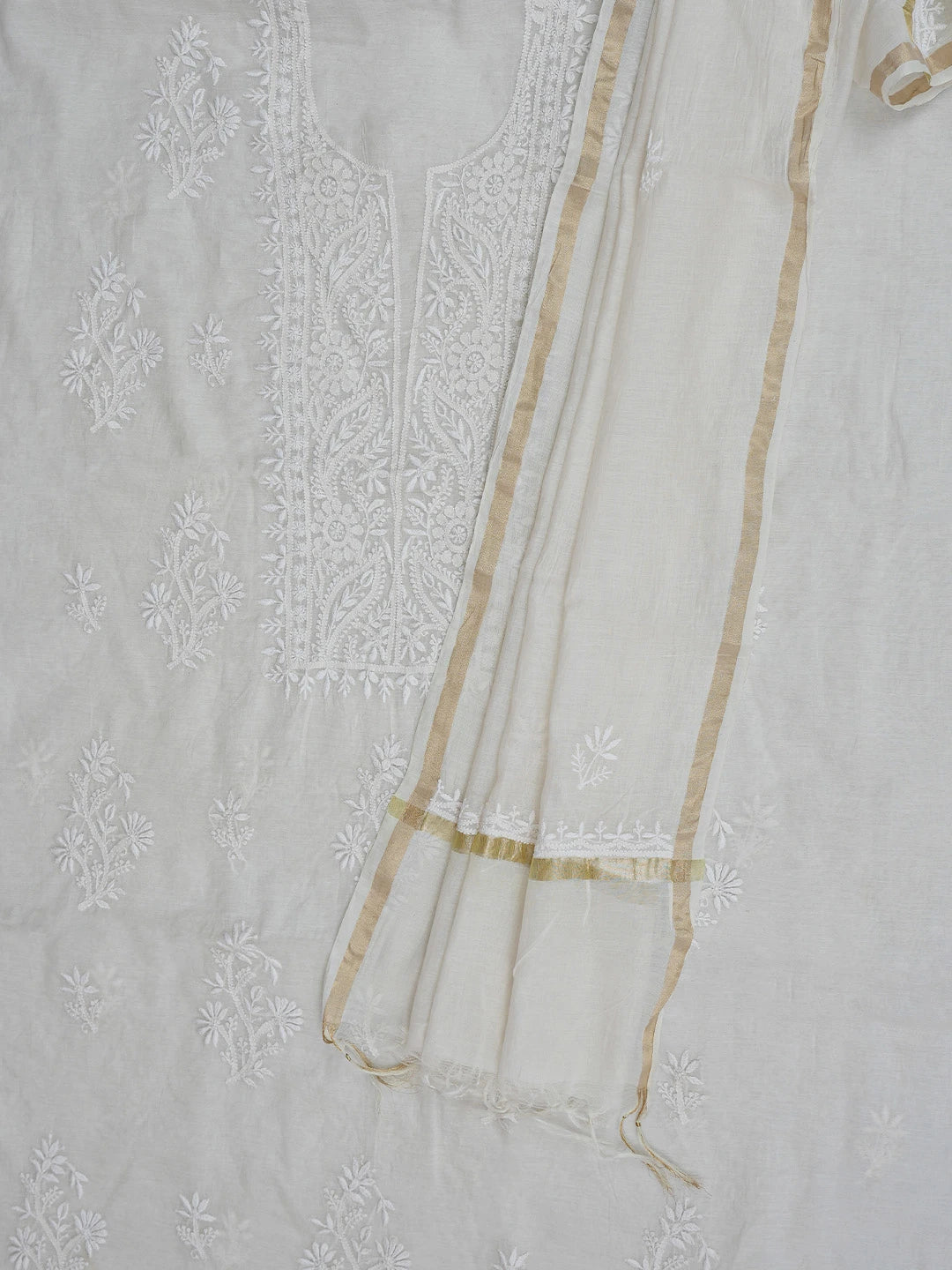 Ada Hand Embroidered White Chanderi Lucknowi Chikankari Unstitched Kurta Dupatta Set 01A795609