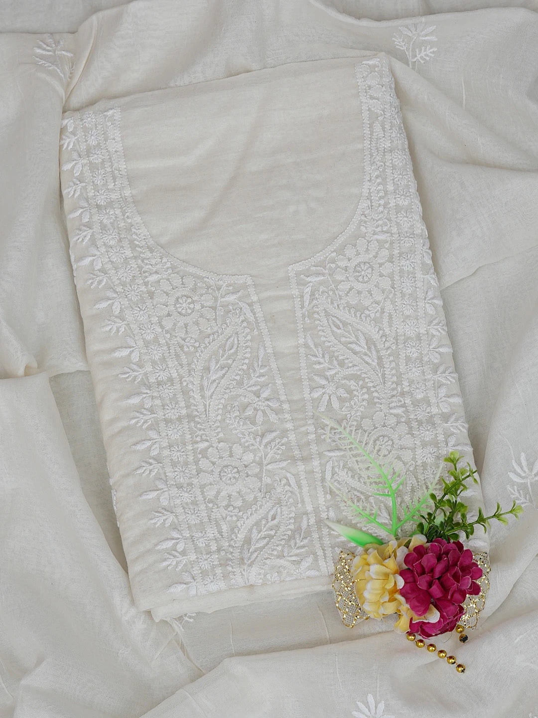 Ada Hand Embroidered White Chanderi Lucknowi Chikankari Unstitched Kurta Dupatta Set 01A795609