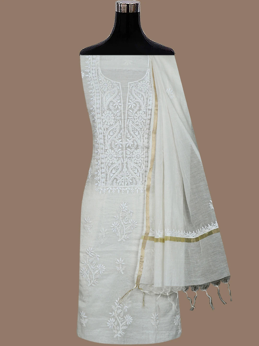 Ada Hand Embroidered White Chanderi Lucknowi Chikankari Unstitched Kurta Dupatta Set 01A795609