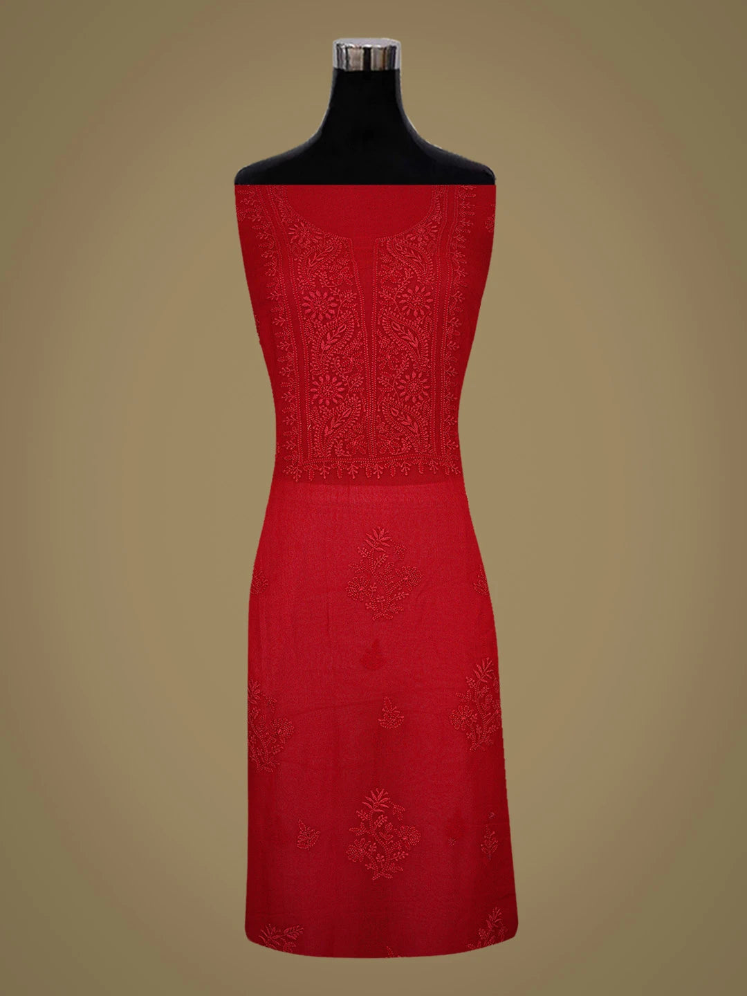 Ada Hand Embroidered Red Viscose Georgette Lucknowi Chikankari Unstitched Kurta Dupatta Set 01A771740