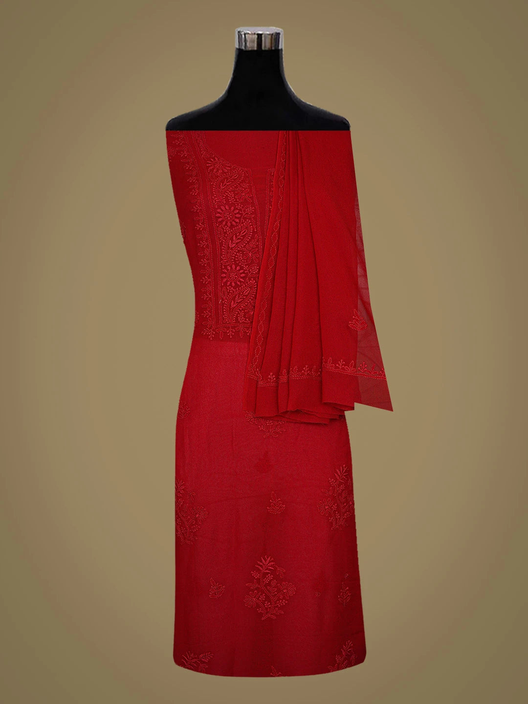 Ada Hand Embroidered Red Viscose Georgette Lucknowi Chikankari Unstitched Kurta Dupatta Set 01A771740
