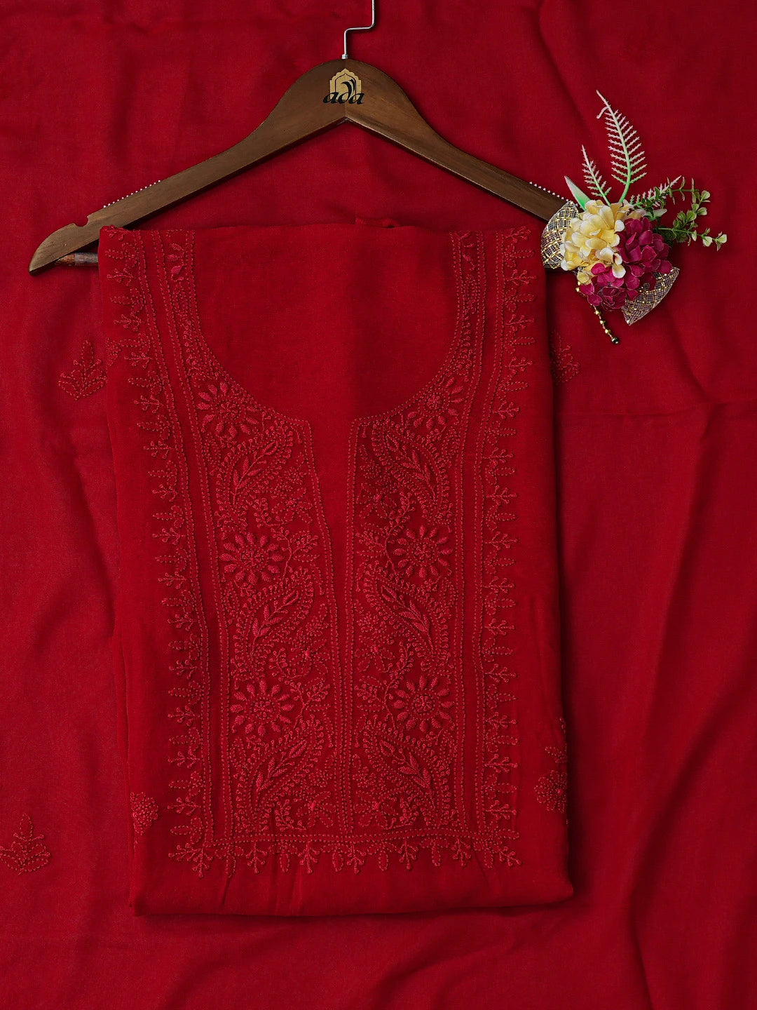 Ada Hand Embroidered Red Viscose Georgette Lucknowi Chikankari Unstitched Kurta Dupatta Set 01A771740