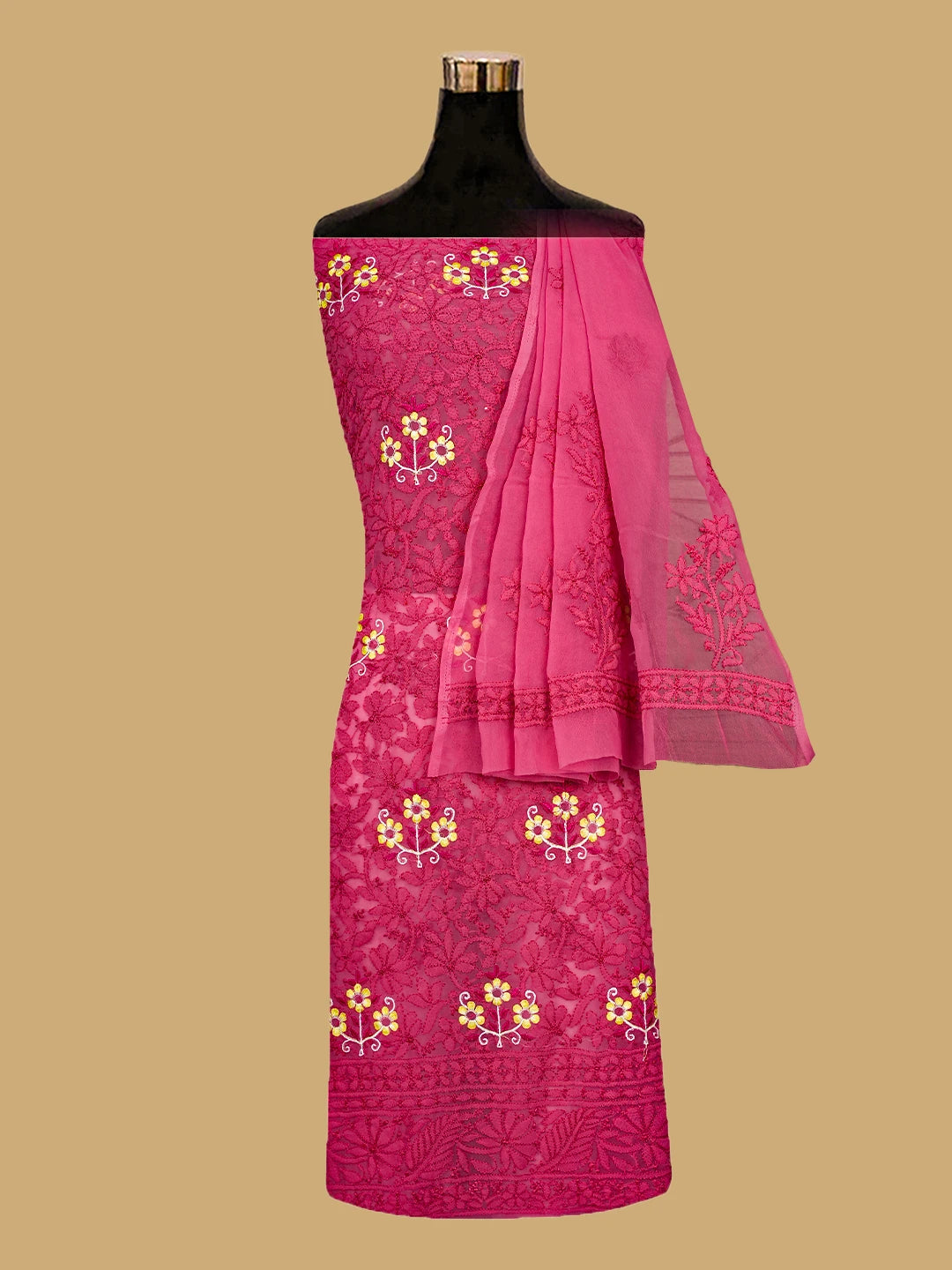 Ada Hand Embroidered Magenta Georgette Lucknowi Chikankari Unstitched Suit Piece With Parsi Work 01A750080
