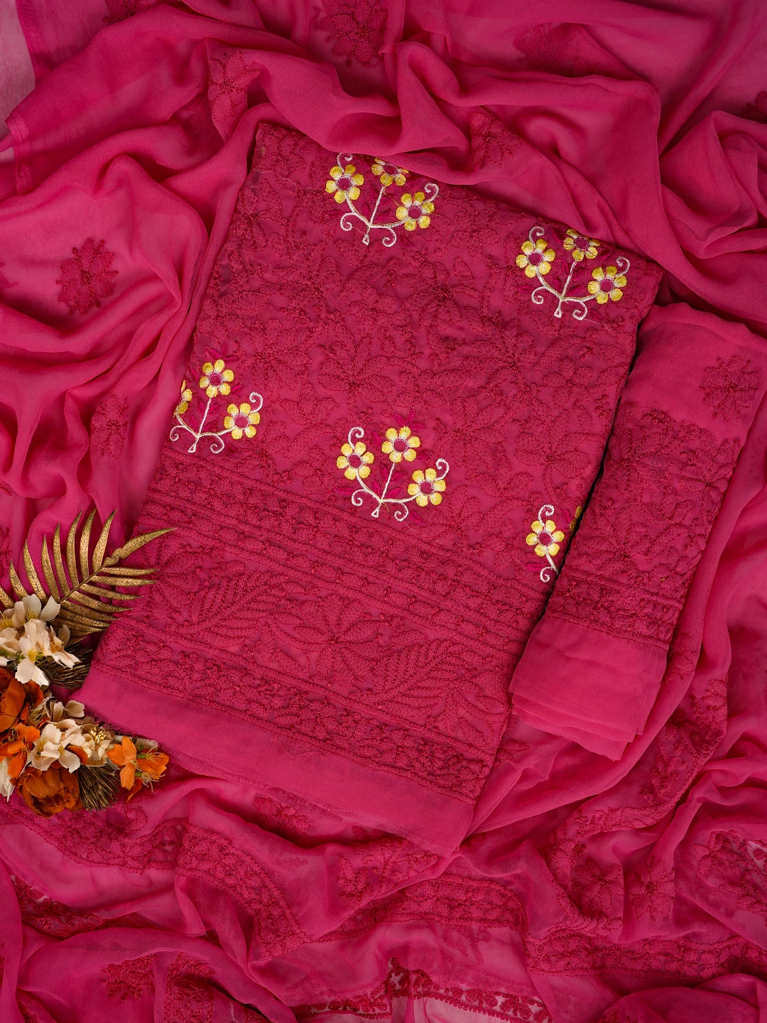 Ada Hand Embroidered Magenta Georgette Lucknowi Chikankari Unstitched Suit Piece With Parsi Work 01A750080