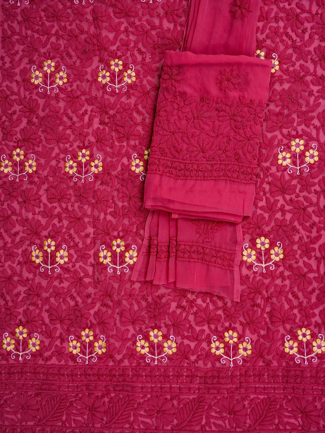 Ada Hand Embroidered Magenta Georgette Lucknowi Chikankari Unstitched Suit Piece With Parsi Work 01A750080