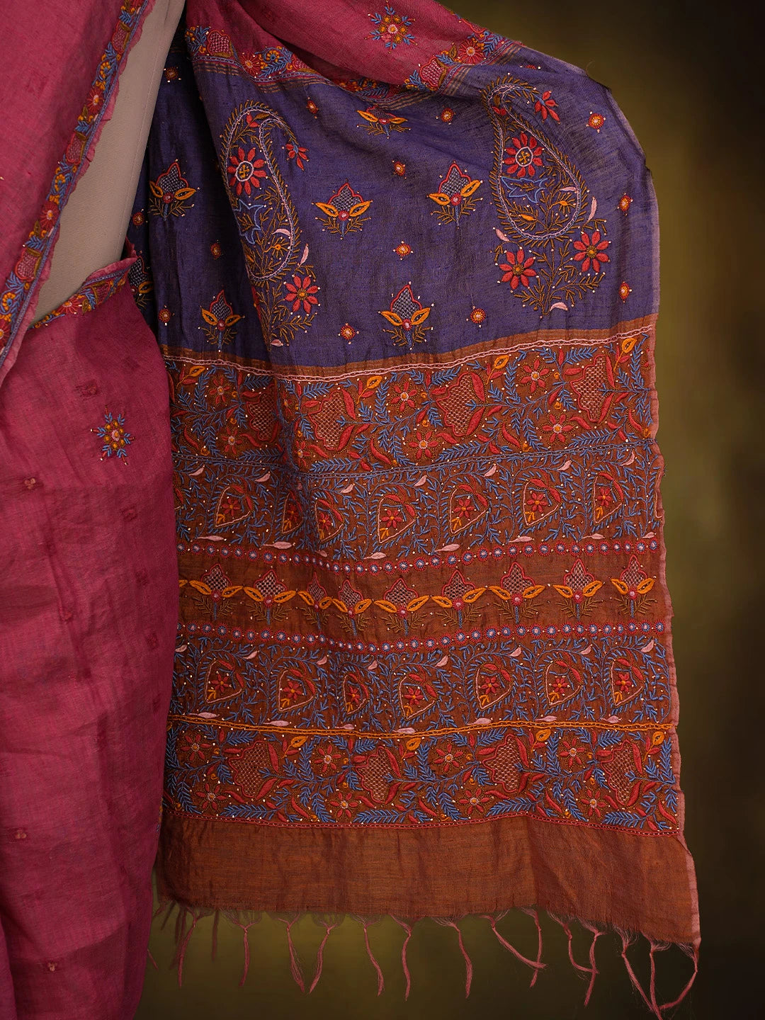 Ada Hand Embroidered Punch Pink Silk Lucknowi Chikankari Saree and Blouse With Muqaish Work 01A352966