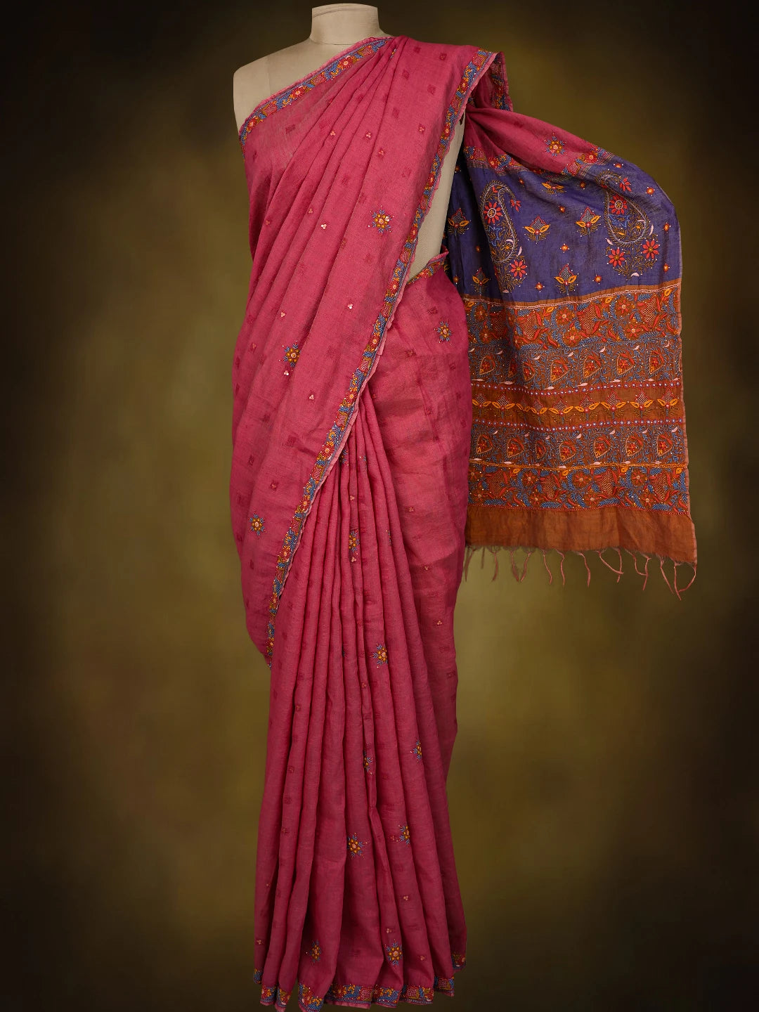 Ada Hand Embroidered Punch Pink Silk Lucknowi Chikankari Saree and Blouse With Muqaish Work 01A352966