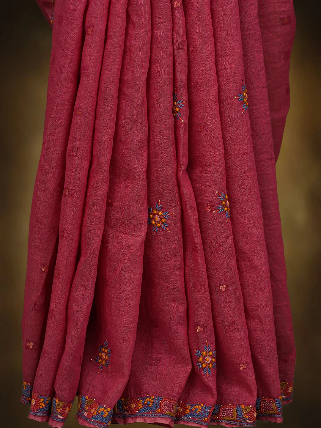 Ada Hand Embroidered Punch Pink Silk Lucknowi Chikankari Saree and Blouse With Muqaish Work 01A352966