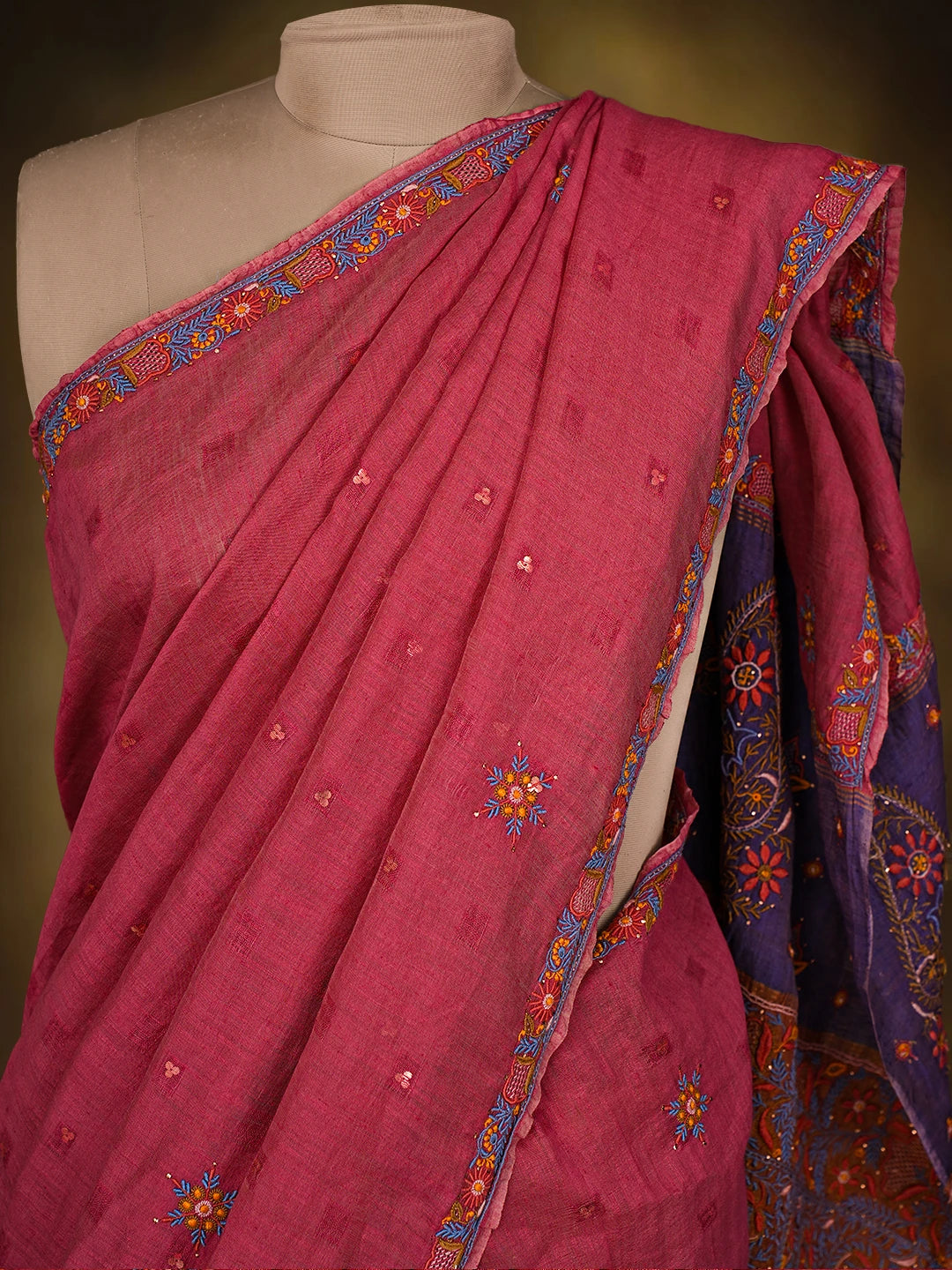 Ada Hand Embroidered Punch Pink Silk Lucknowi Chikankari Saree and Blouse With Muqaish Work 01A352966