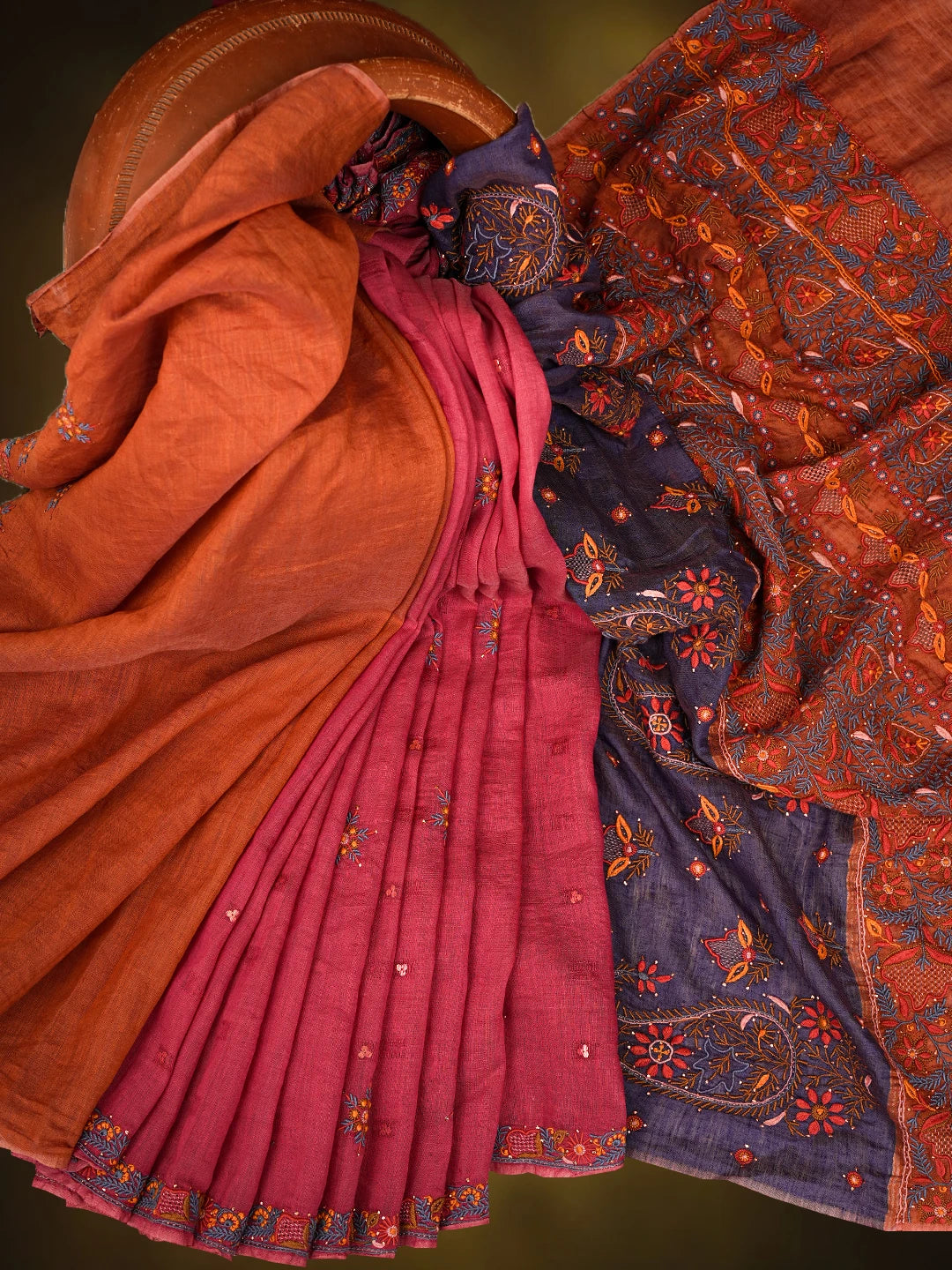 Ada Hand Embroidered Punch Pink Silk Lucknowi Chikankari Saree and Blouse With Muqaish Work 01A352966