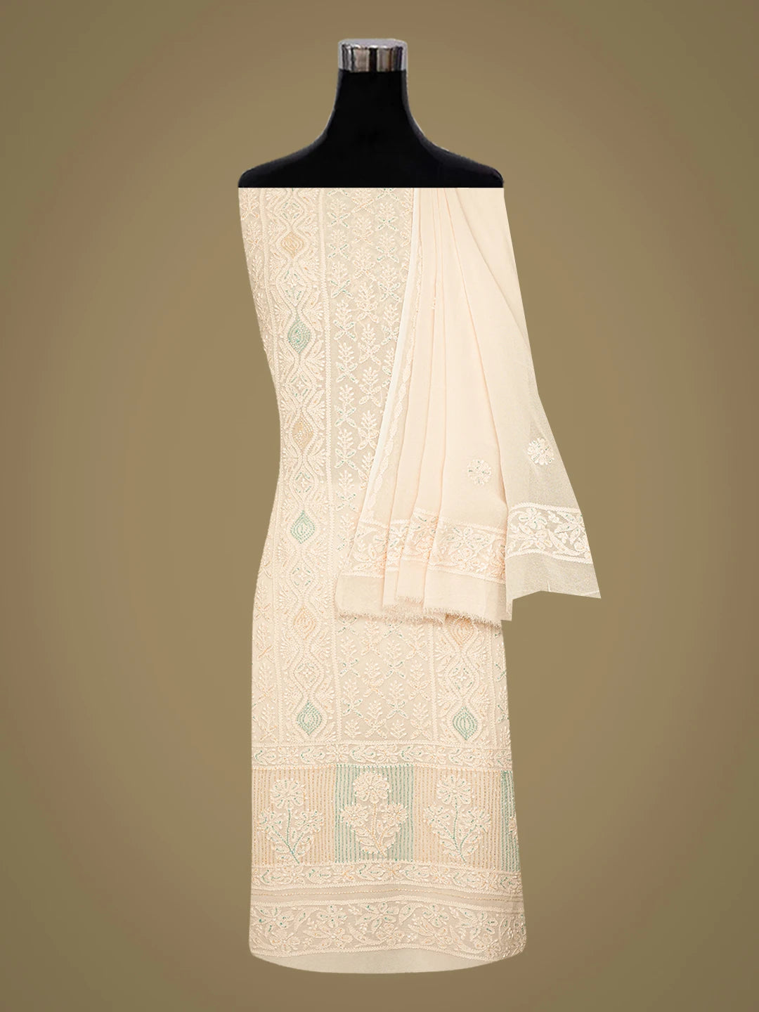Ada Hand Embroidered Light Peach Viscose Georgette Lucknowi Chikankari Unstitched Kurta Dupatta Set With Cutdana Work 01A778555