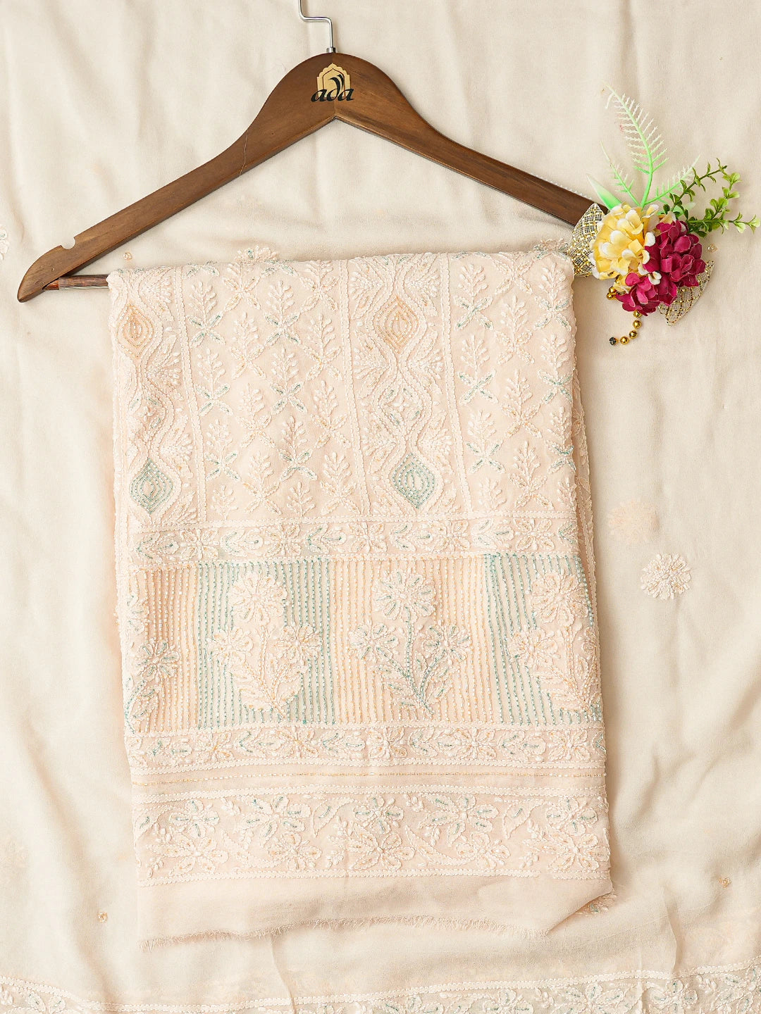 Ada Hand Embroidered Light Peach Viscose Georgette Lucknowi Chikankari Unstitched Kurta Dupatta Set With Cutdana Work 01A778555