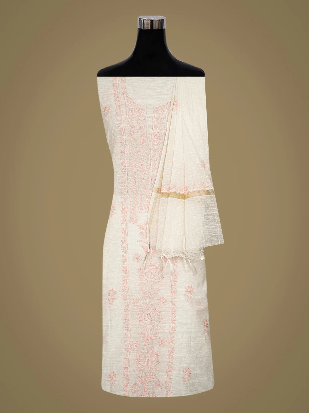 Ada Hand Embroidered White Khadi Chanderi Lucknowi Chikankari Unstitched Kurta Dupatta Set 01A410047