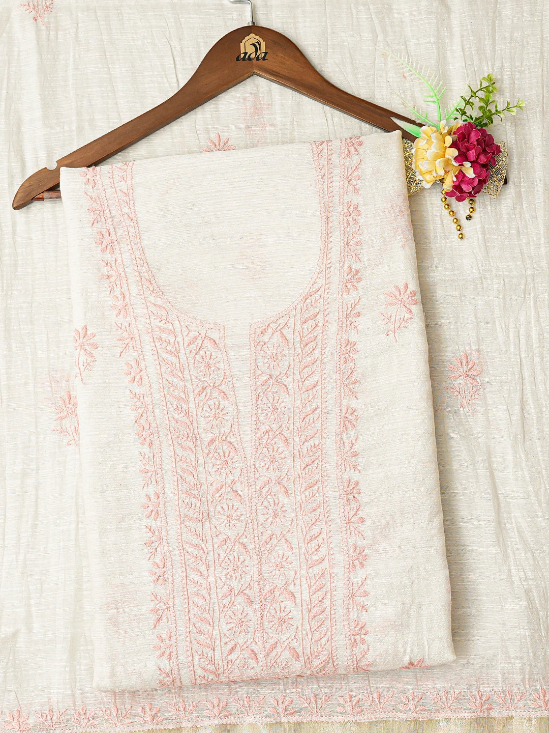Ada Hand Embroidered White Khadi Chanderi Lucknowi Chikankari Unstitched Kurta Dupatta Set 01A410047