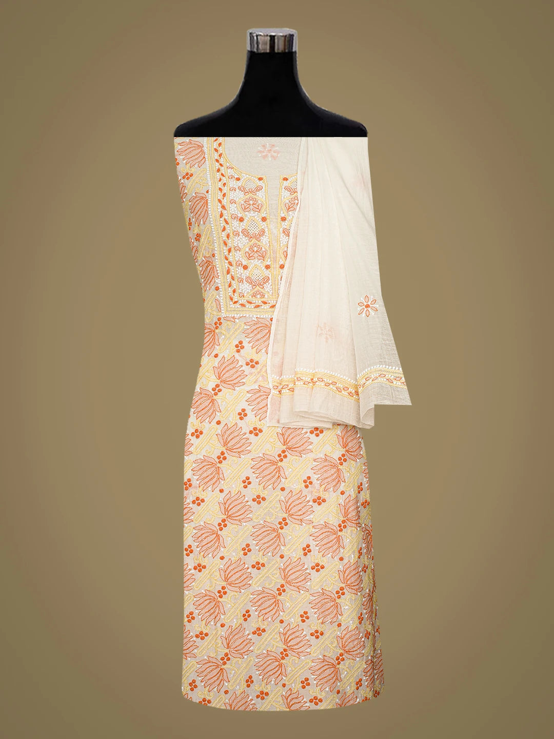 Ada Hand Embroidered White Chanderi Lucknowi Chikankari Unstitched Kurta Dupatta Set 01A643005