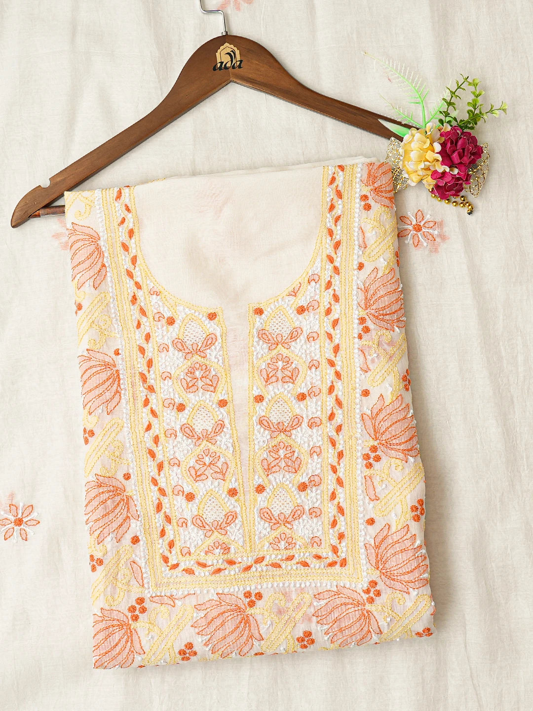 Ada Hand Embroidered White Chanderi Lucknowi Chikankari Unstitched Kurta Dupatta Set 01A643005