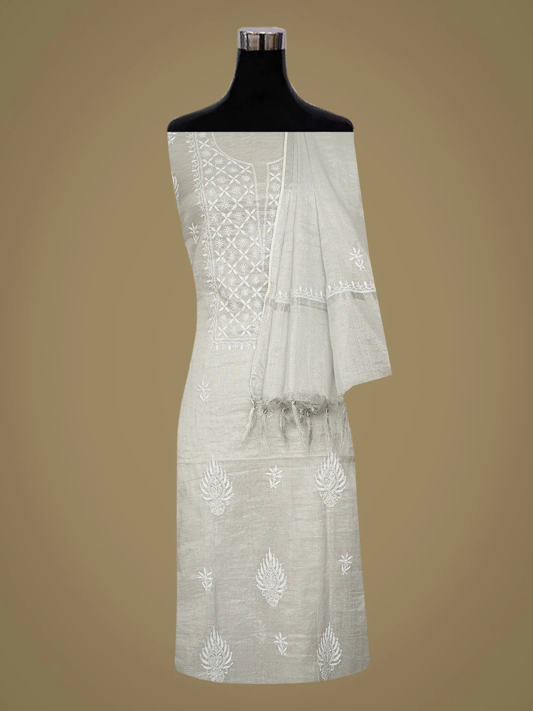 Ada Hand Embroidered Grey Tissue Lucknowi Chikankari Unstitched Kurta Dupatta Set 01A653371