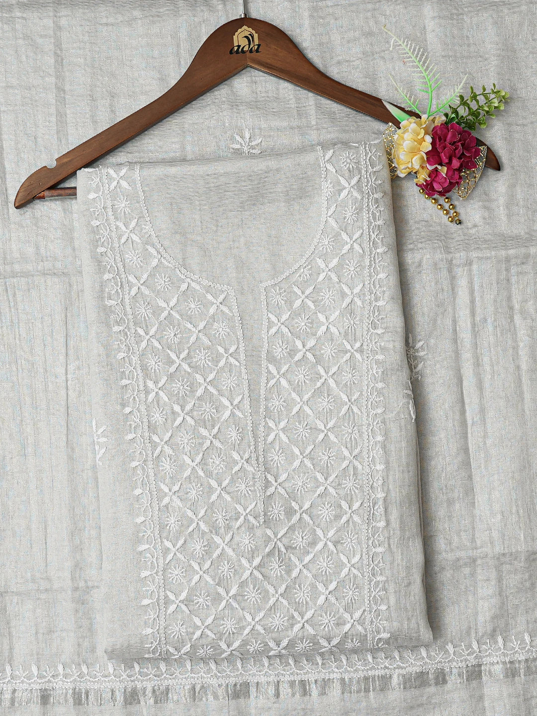 Ada Hand Embroidered Grey Tissue Lucknowi Chikankari Unstitched Kurta Dupatta Set 01A653371