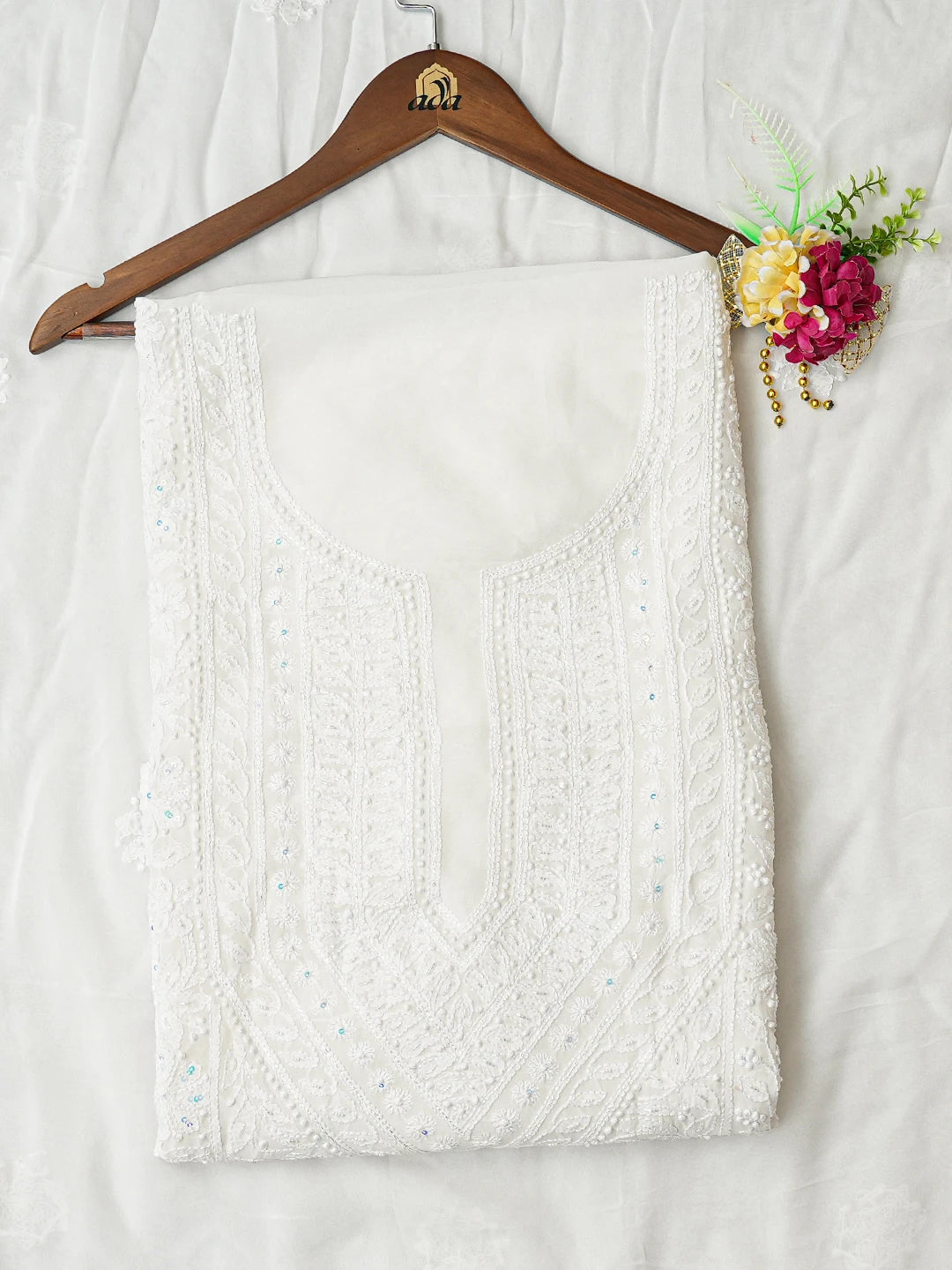 Ada Hand Embroidered White Viscose Georgette Lucknowi Chikankari Unstitched Kurta Dupatta Set With Cutdana Work 01A699474