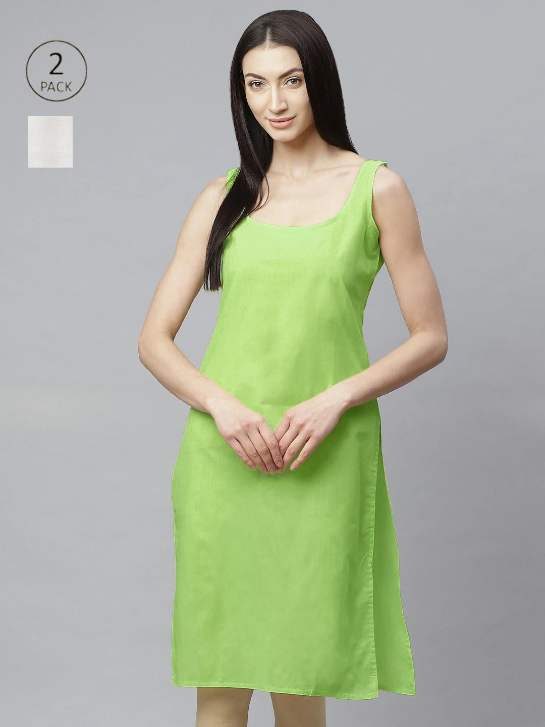 Ada Lime Green and White Cotton Long Slips Combo of 2  A279853.